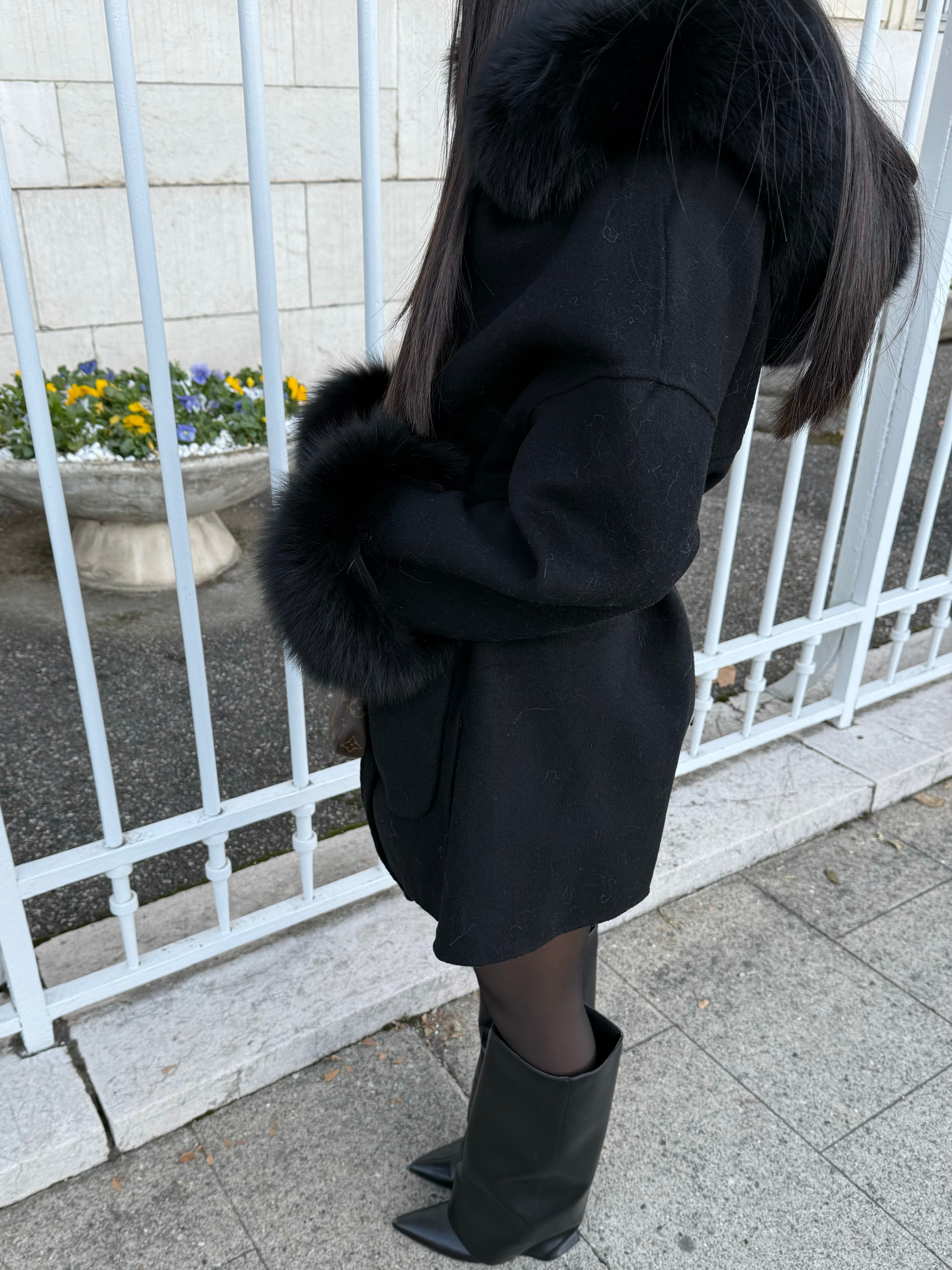 WOOL AND BLACK FUR HOODED COAT