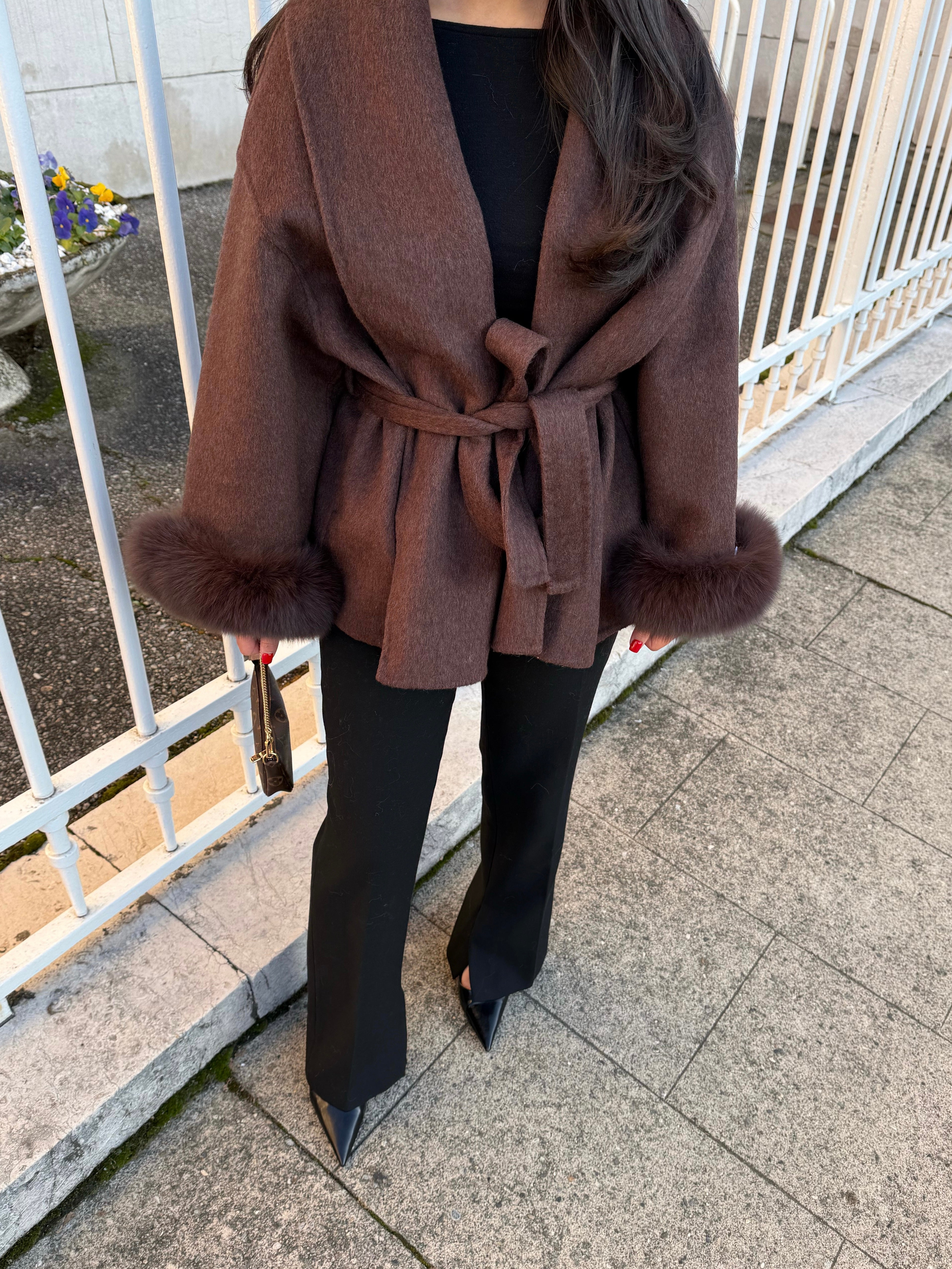 BROWN WOOL COAT WITH FUR